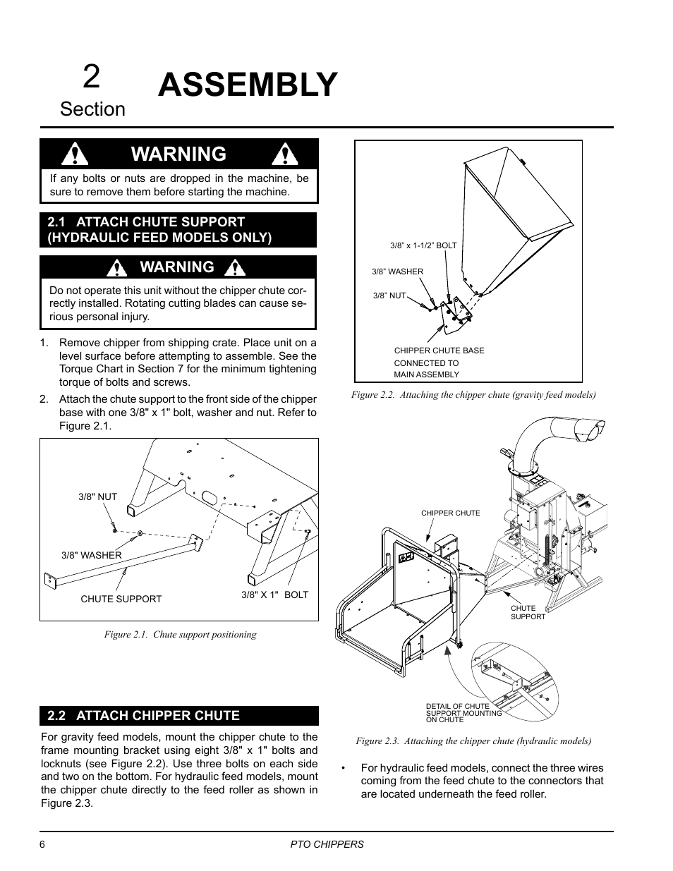Assembly, 2 attach chipper chute, 1 attach chute support (hydraulic feed | Models only), Warning | Echo CH9540H Owners Manual v.3 User Manual | Page 10 / 30
