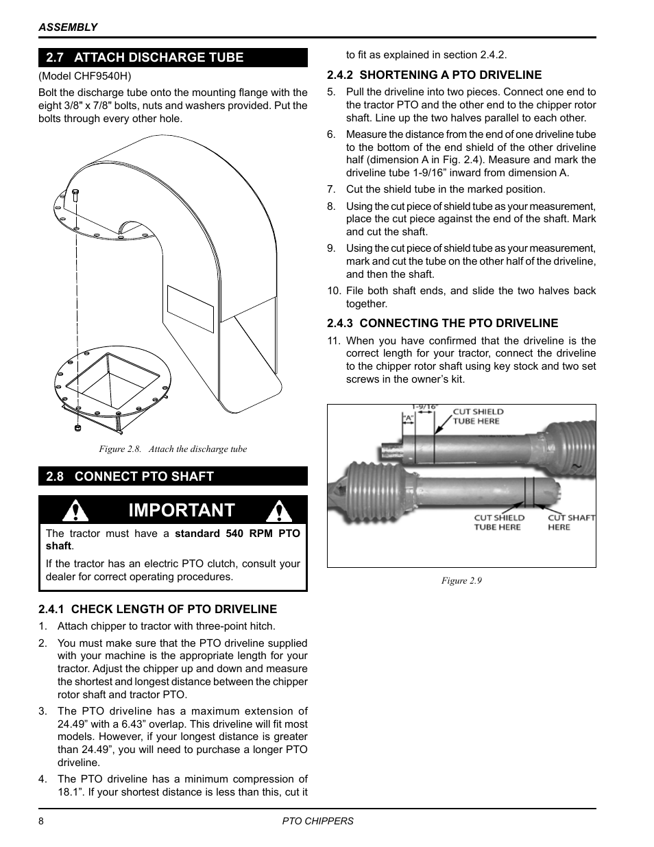7 attach discharge tube, 8 connect pto shaft, 7 attach discharge tube 2.8 connect pto shaft | Important | Echo CH9540H Owners Manual v.3 User Manual | Page 12 / 30