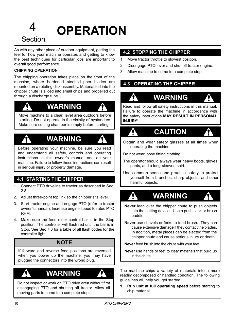 Operation, 1 starting the chipper, 2 stopping the chipper | 3 operating the chipper, 4operation, Warning, Warning caution warning | Echo CH9540H Owners Manual v.3 User Manual | Page 14 / 30