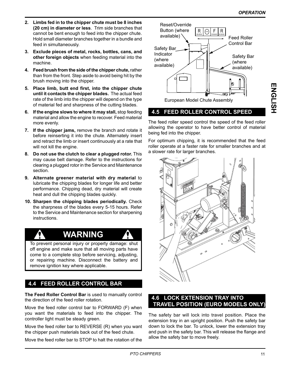 4 feed roller control bar, 5 feed roller control speed, Euro models only) | Warning, English | Echo CH9540H Owners Manual v.3 User Manual | Page 15 / 30