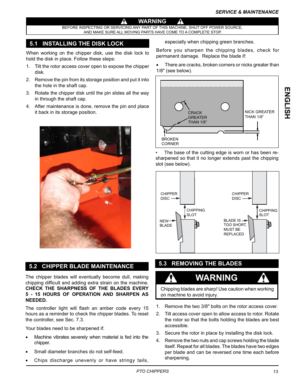 1 installing the disk lock, 2 chipper blade maintenance, 3 removing the blades | Warning, English | Echo CH9540H Owners Manual v.3 User Manual | Page 17 / 30