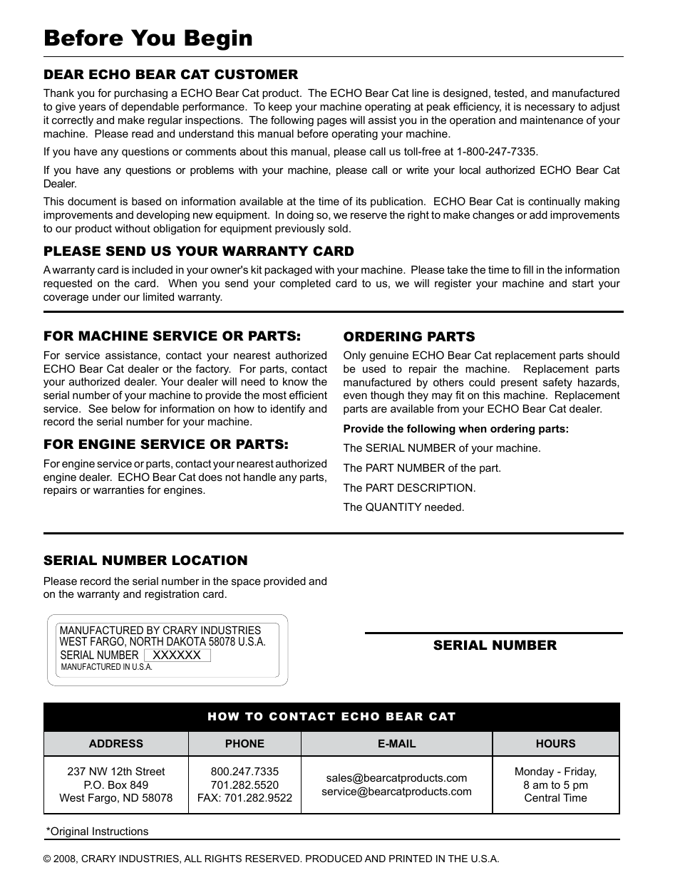Before you begin | Echo CH9540H Owners Manual v.3 User Manual | Page 2 / 30