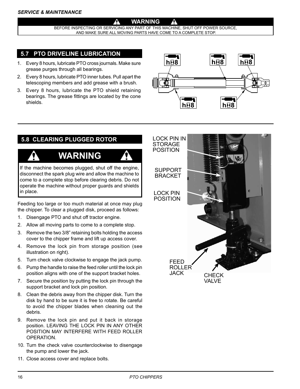 7 pto driveline lubrication, 8 clearing plugged rotor, Warning | Echo CH9540H Owners Manual v.3 User Manual | Page 20 / 30