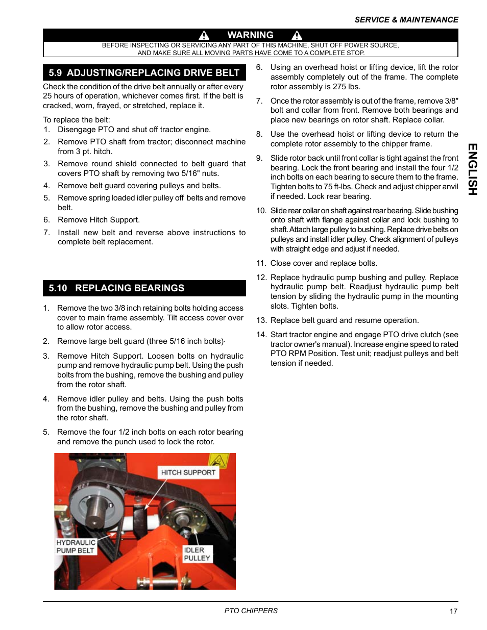 9 adjusting/replacing drive belt, 10 replacing bearings, English | Echo CH9540H Owners Manual v.3 User Manual | Page 21 / 30