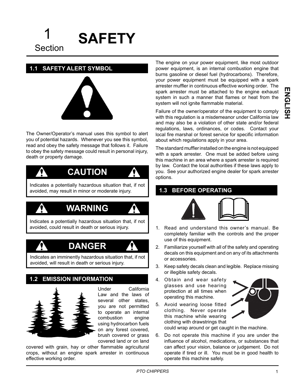 Safety, 1 safety alert symbol, 2 emission information | 3 before operating, Danger, Warning, English | Echo CH9540H Owners Manual v.3 User Manual | Page 5 / 30