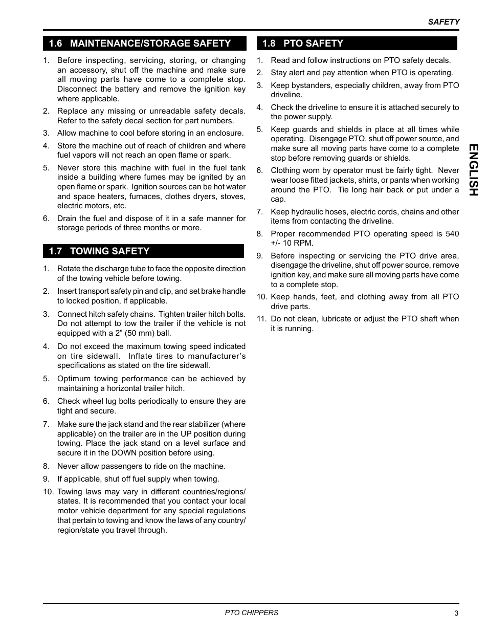 6 maintenance/storage safety, 7 towing safety, 8 pto safety | English | Echo CH9540H Owners Manual v.3 User Manual | Page 7 / 30