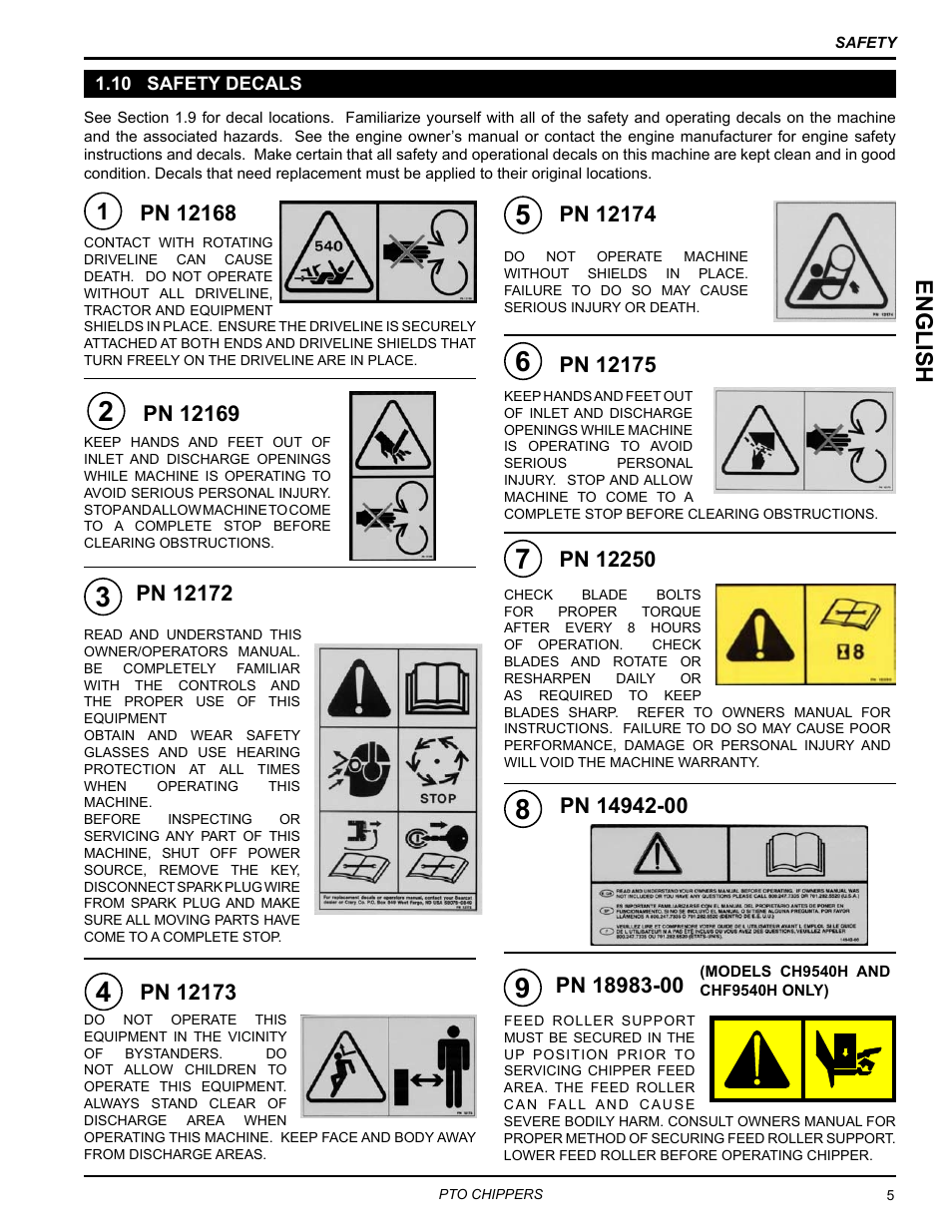 10 safety decals, English | Echo CH9540H Owners Manual v.3 User Manual | Page 9 / 30
