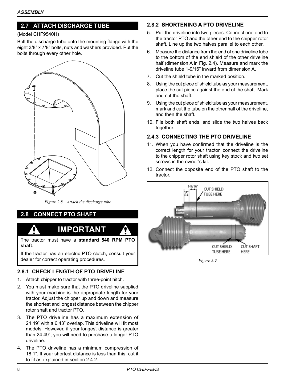 7 attach discharge tube, 8 connect pto shaft, 7 attach discharge tube 2.8 connect pto shaft | Important | Echo CH9540H Owners Manual v.2 User Manual | Page 12 / 27