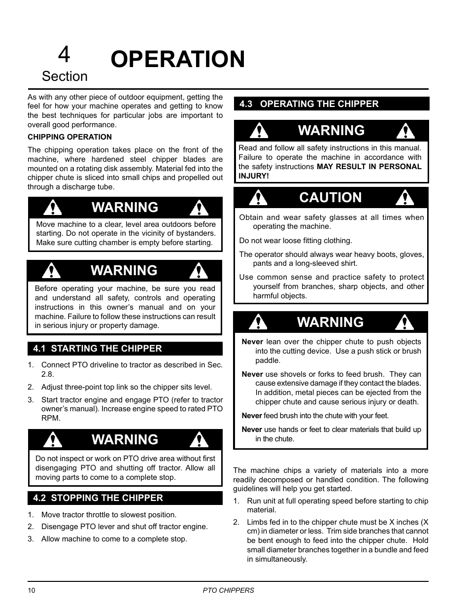 Operation, 1 starting the chipper, 2 stopping the chipper | 3 operating the chipper, Warning, Warning caution warning | Echo CH9540H Owners Manual v.2 User Manual | Page 14 / 27