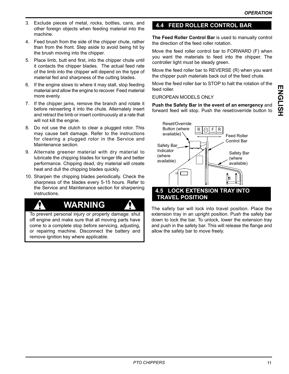 4 feed roller control bar, 5 lock extension tray into travel position, Warning | English | Echo CH9540H Owners Manual v.2 User Manual | Page 15 / 27