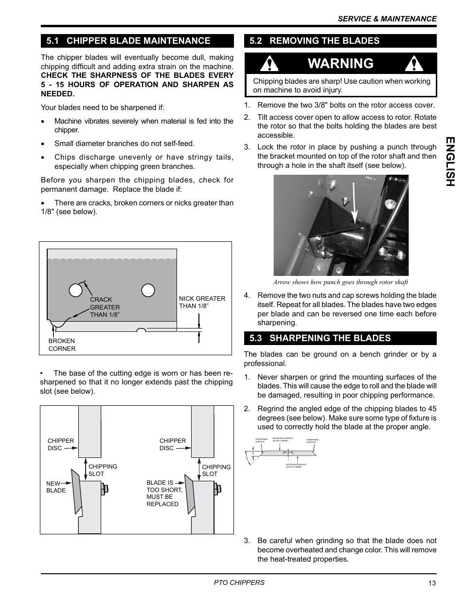 1 chipper blade maintenance, 2 removing the blades, 3 sharpening the blades | Warning, English, 2 removing the blades 5.3 sharpening the blades | Echo CH9540H Owners Manual v.2 User Manual | Page 17 / 27