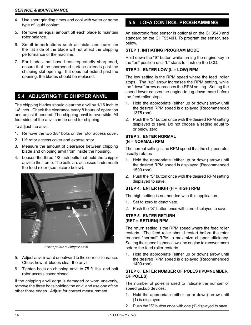 4 adjusting the chipper anvil, 5 lofa control programming | Echo CH9540H Owners Manual v.2 User Manual | Page 18 / 27