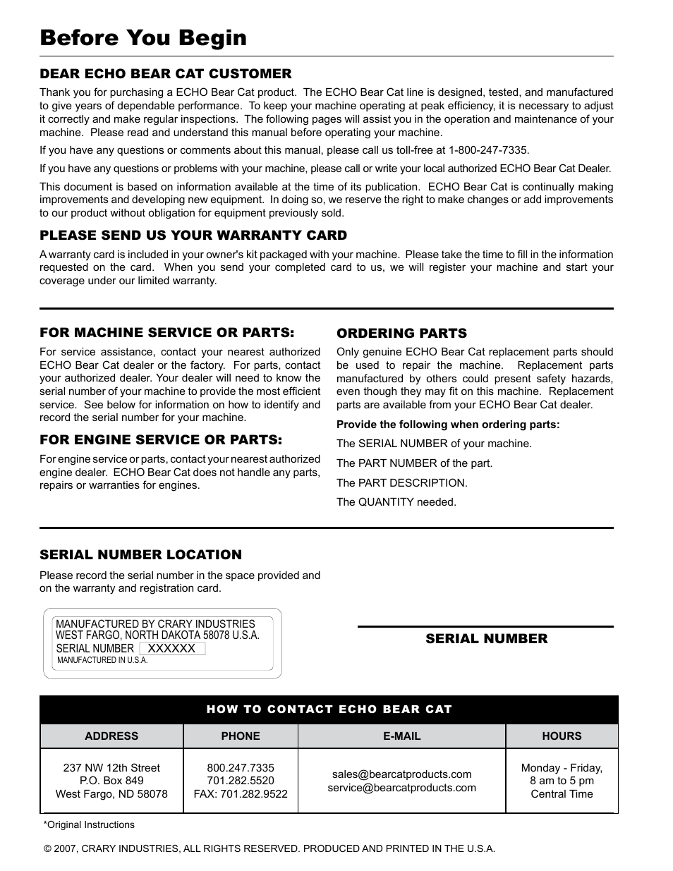 Before you begin | Echo CH9540H Owners Manual v.2 User Manual | Page 2 / 27