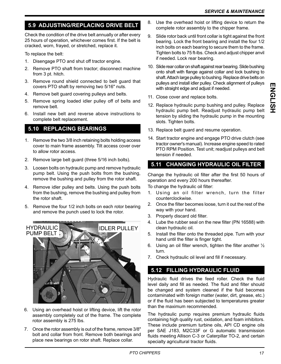 9 adjusting/replacing drive belt, 10 replacing bearings, 11 changing hydraulic oil filter | 12 filling hydraulic fluid, English | Echo CH9540H Owners Manual v.2 User Manual | Page 21 / 27