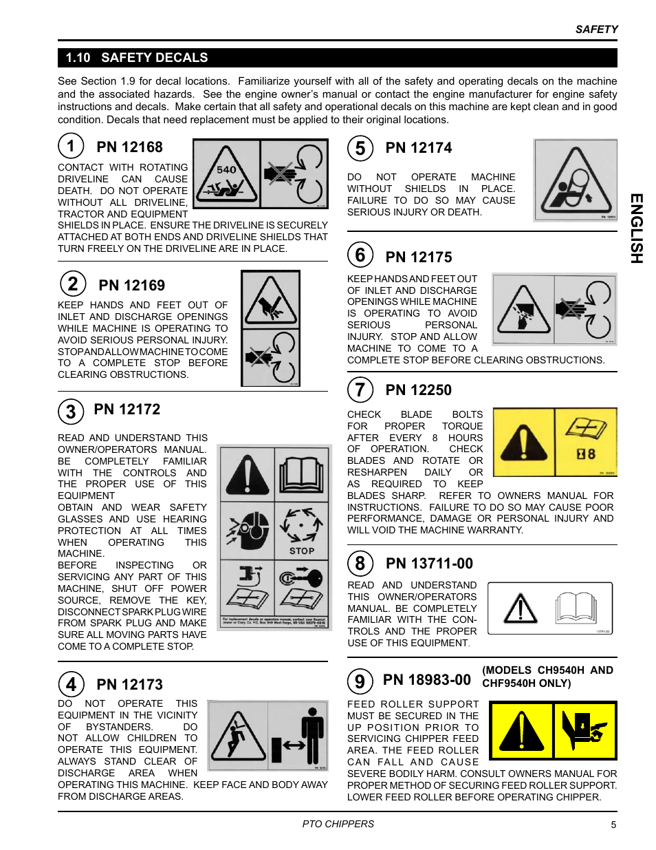 10 safety decals, English | Echo CH9540H Owners Manual v.2 User Manual | Page 9 / 27