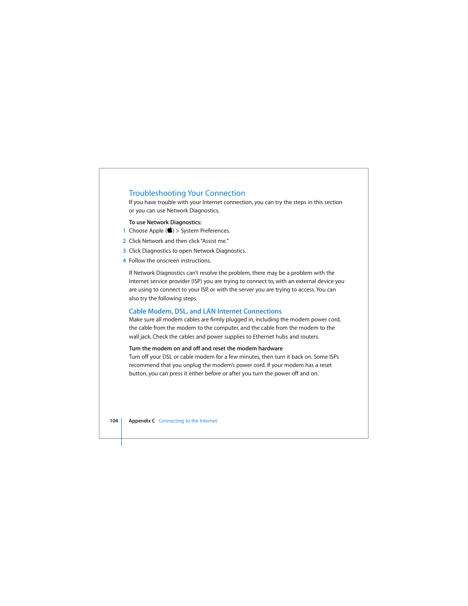 Troubleshooting your connection, Cable modem, dsl, and lan internet connections | Apple iMac computer User Manual | Page 104 / 120