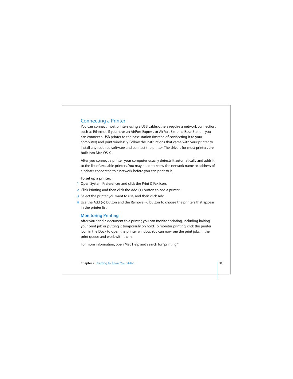 Connecting a printer, Monitoring printing | Apple iMac computer User Manual | Page 31 / 120