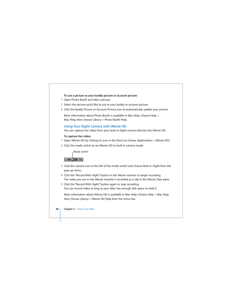 Using your isight camera with imovie hd | Apple iMac computer User Manual | Page 48 / 120