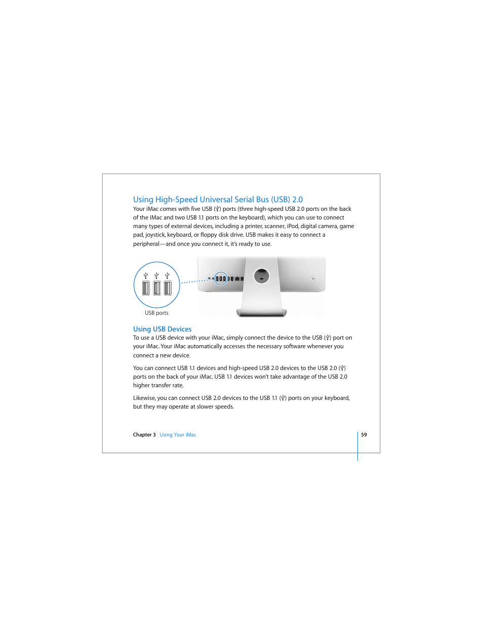 Using high-speed universal serial bus (usb) 2.0, Using usb devices | Apple iMac computer User Manual | Page 59 / 120