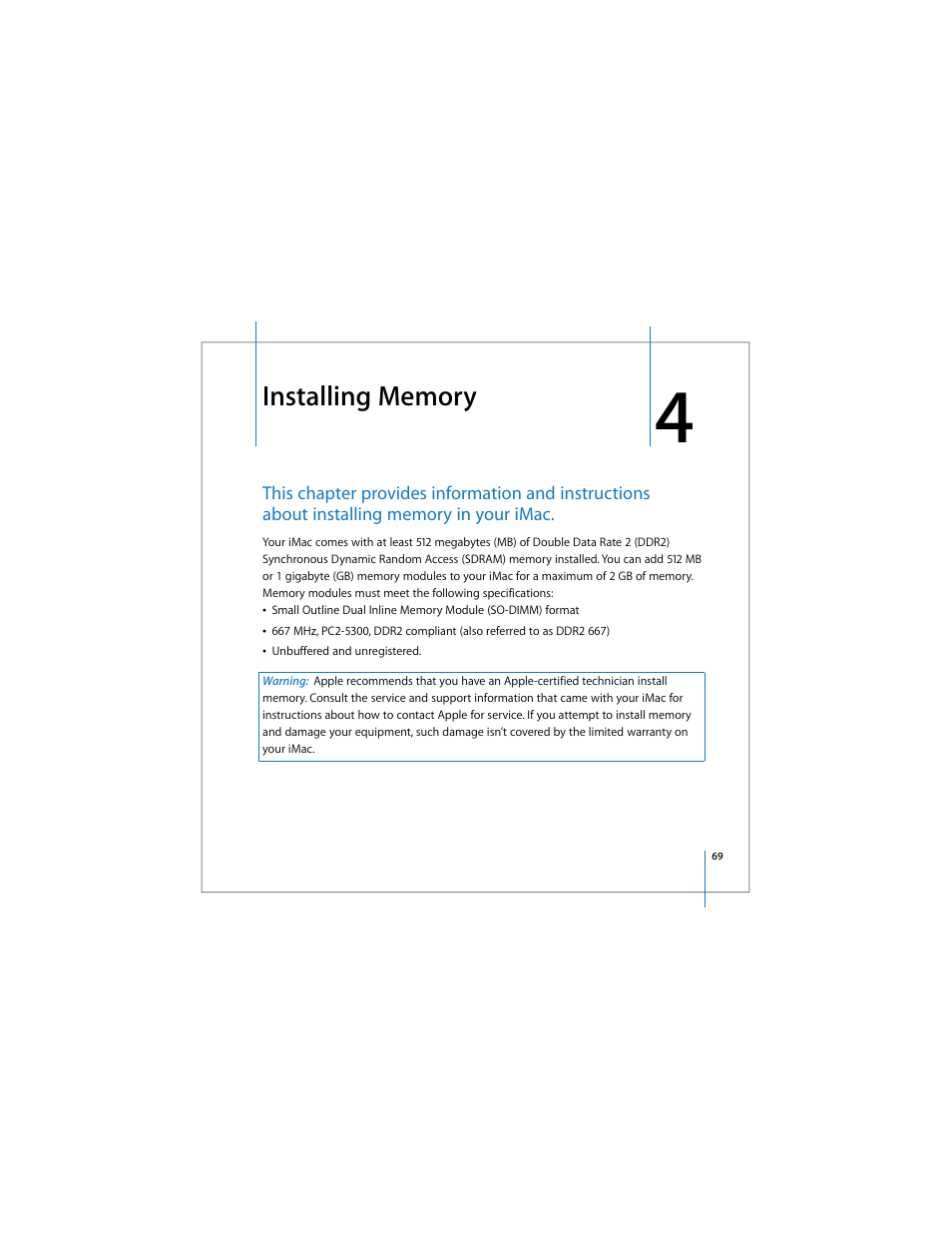 Installing memory | Apple iMac computer User Manual | Page 69 / 120