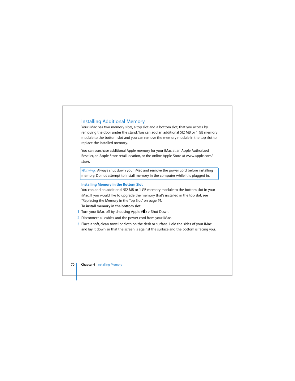 Installing additional memory | Apple iMac computer User Manual | Page 70 / 120