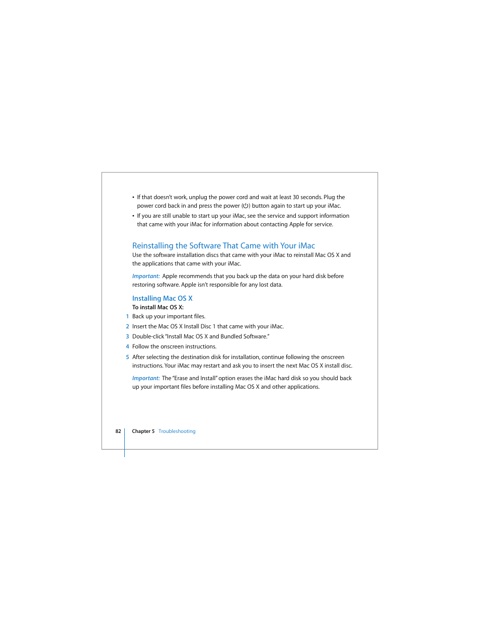 Reinstalling the software that came with your imac, Installing mac os x | Apple iMac computer User Manual | Page 82 / 120