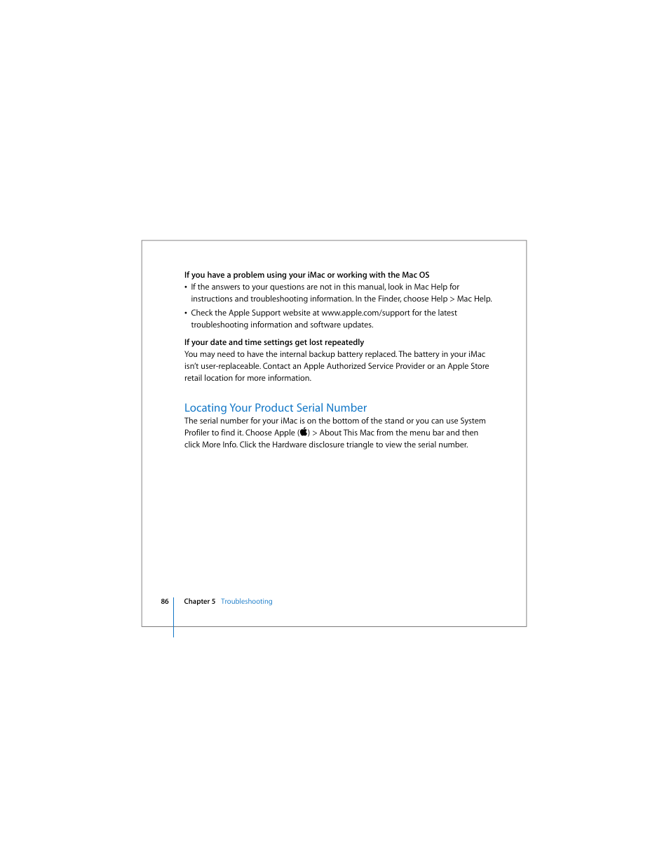Locating your product serial number | Apple iMac computer User Manual | Page 86 / 120