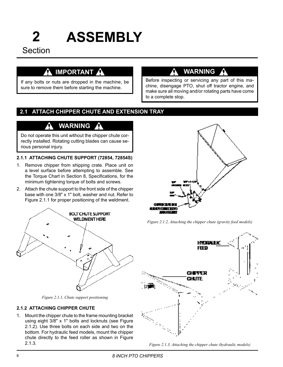 Assembly, 1 attach chipper chute and extension tray, 1 attach chipper chute and extension tray 8 | Warning important, Warning | Echo 71854 User Manual | Page 10 / 32