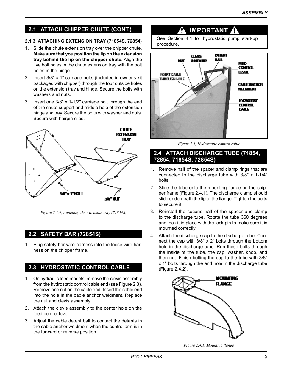 1 attach chipper chute (cont.), 2 safety bar (72854s), 3 hydrostatic control cable | 72854s) 9, Important | Echo 71854 User Manual | Page 11 / 32