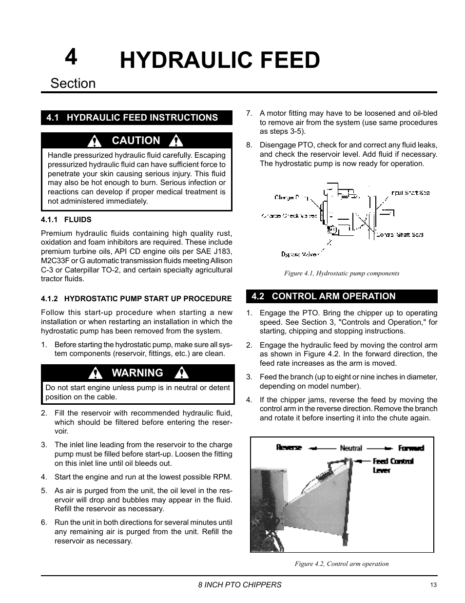 Hydraulic feed, 1 hydraulic feed instructions, 2 control arm operation | Warning, Caution | Echo 71854 User Manual | Page 15 / 32