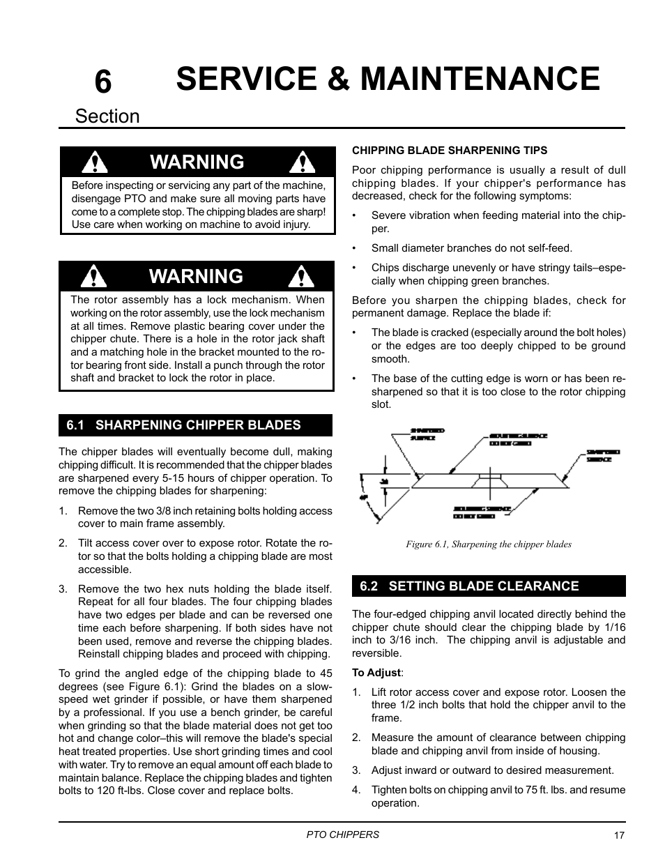Service & maintenance, 1 sharpening chipper blades, 2 setting blade clearance | Warning | Echo 71854 User Manual | Page 19 / 32