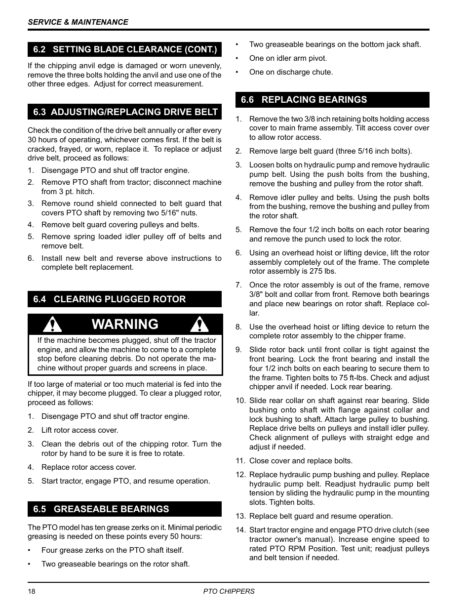 2 setting blade clearance (cont.), 3 adjusting/replacing drive belt, 4 clearing plugged rotor | 5 greaseable bearings, 6 replacing bearings, Warning | Echo 71854 User Manual | Page 20 / 32