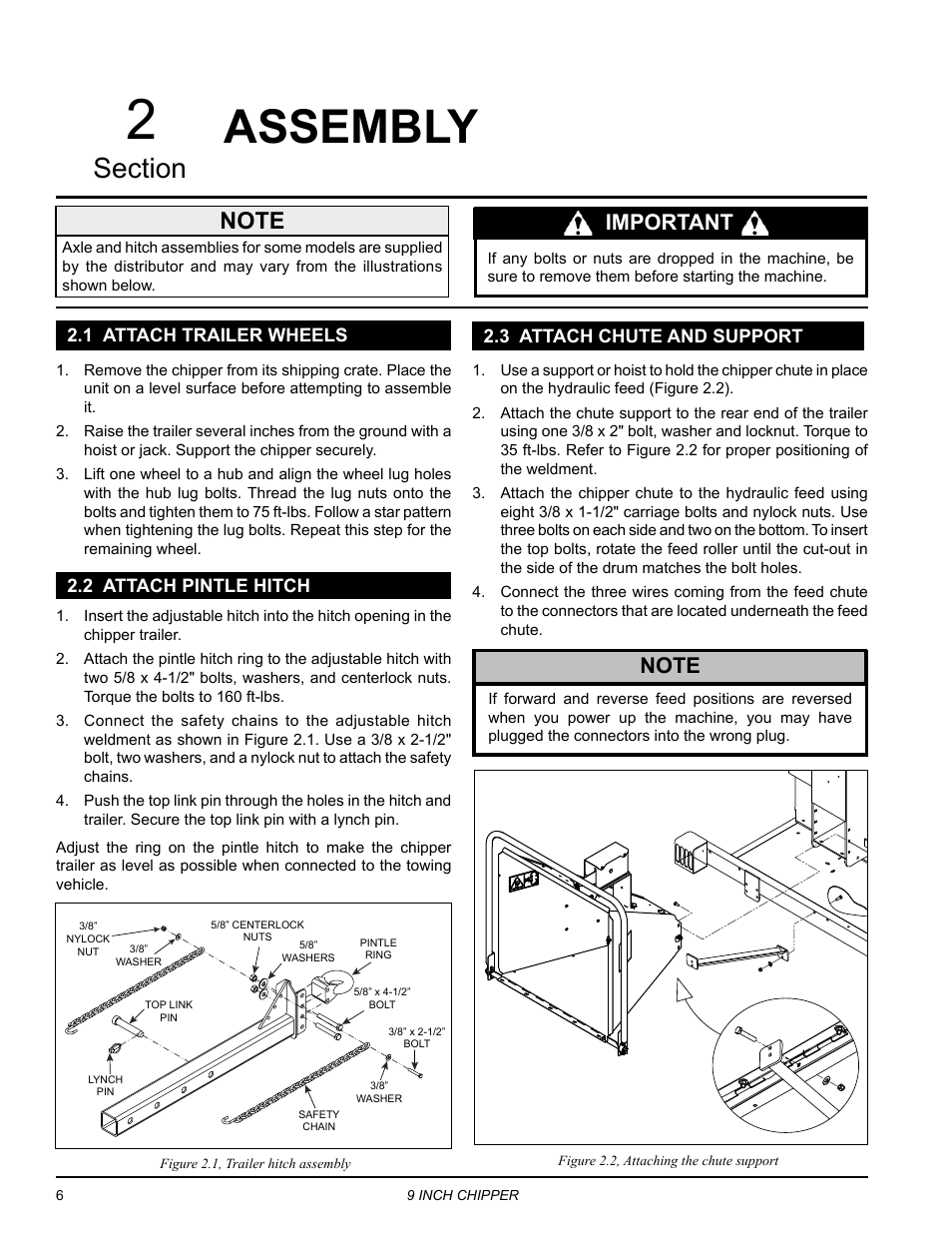 Assembly, 1 attach trailer wheels, 2 attach pintle hitch | 3 attach chute and support, Important | Echo CH911DH Owners Manual v.7 User Manual | Page 10 / 29