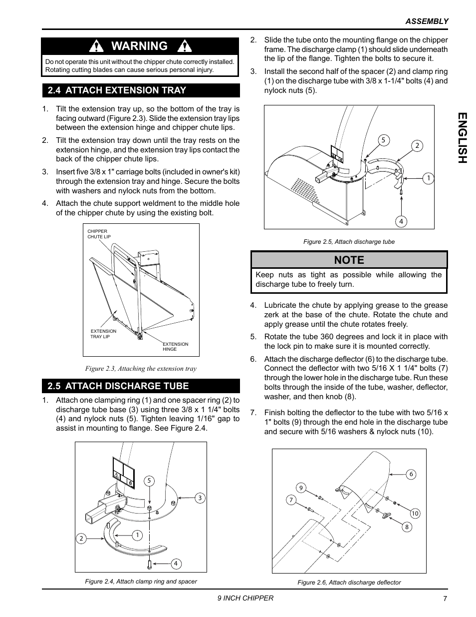 4 attach extension tray, 5 attach discharge tube, 4 attach extension tray 2.5 attach discharge tube | English, Warning | Echo CH911DH Owners Manual v.7 User Manual | Page 11 / 29