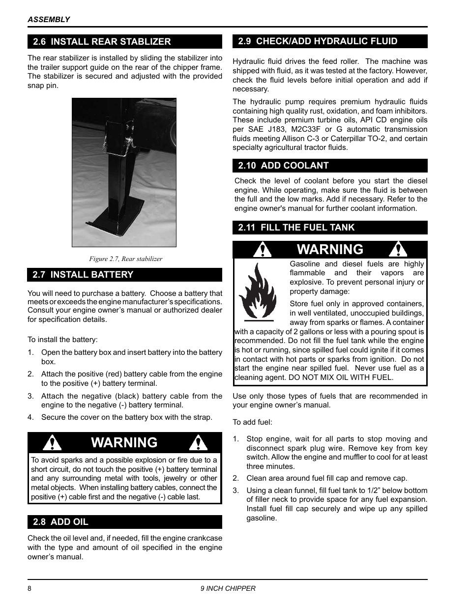 6 install rear stablizer, 7 install battery, 8 add oil | 9 check/add hydraulic fluid, 10 add coolant, 11 fill the fuel tank, Warning | Echo CH911DH Owners Manual v.7 User Manual | Page 12 / 29