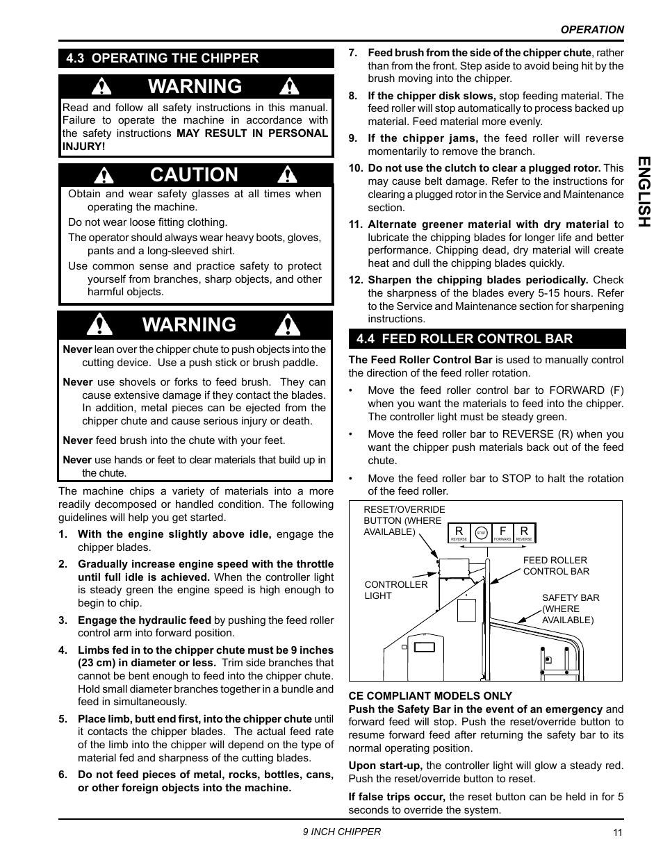 3 operating the chipper, 4 feed roller control bar, Caution warning warning | English | Echo CH911DH Owners Manual v.7 User Manual | Page 15 / 29