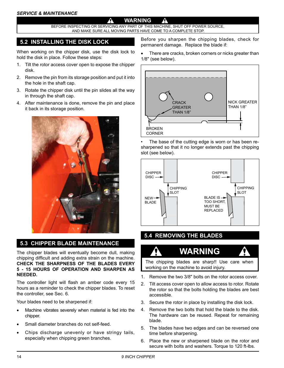 2 installing the disk lock, 3 chipper blade maintenance, 4 removing the blades | Warning, Warning 5.3 chipper blade maintenance | Echo CH911DH Owners Manual v.7 User Manual | Page 18 / 29