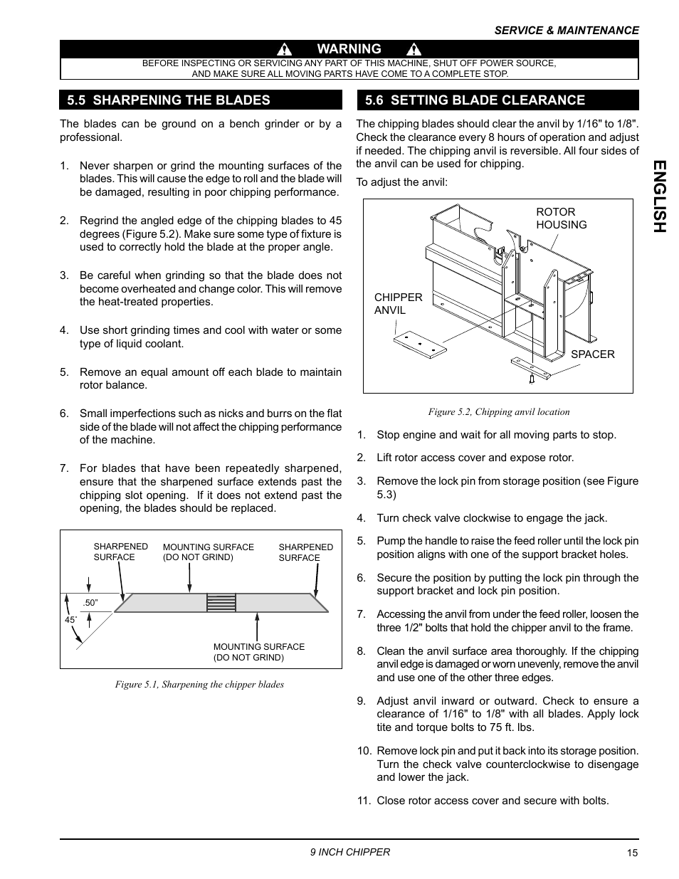 5 sharpening the blades, 6 setting blade clearance, English | Echo CH911DH Owners Manual v.7 User Manual | Page 19 / 29
