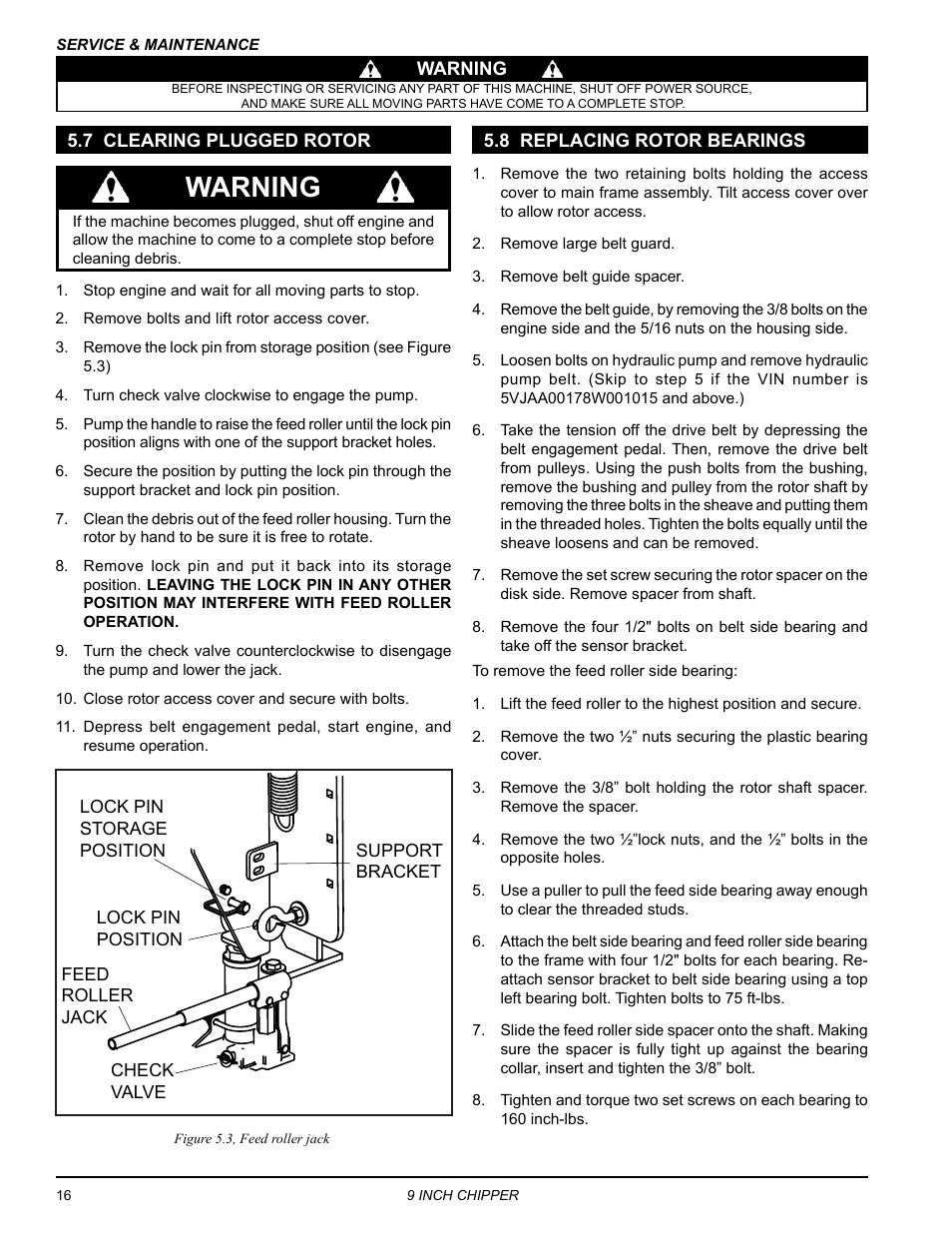 7 clearing plugged rotor, 8 replacing rotor bearings, Warning | Echo CH911DH Owners Manual v.7 User Manual | Page 20 / 29