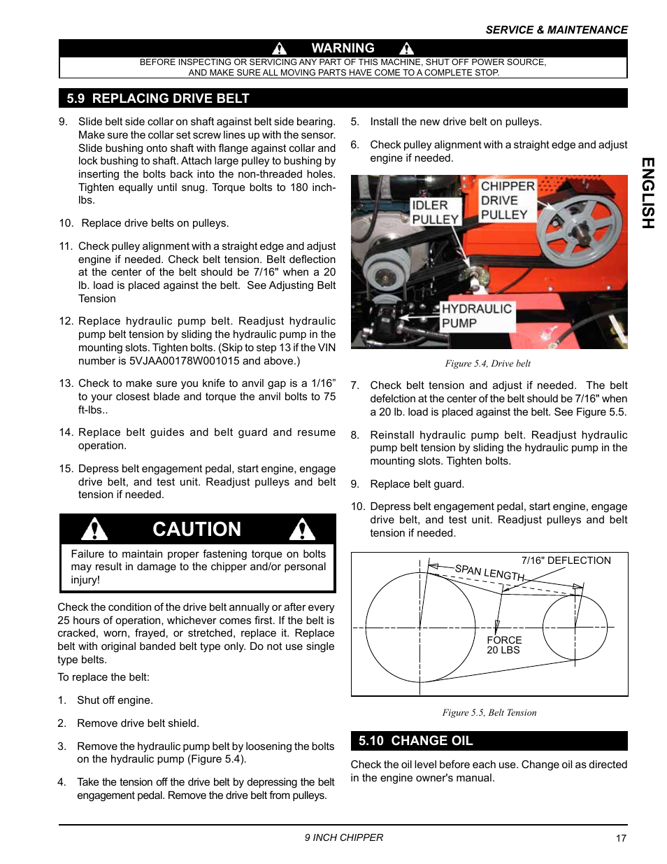 9 replacing drive belt, 10 change oil, 9 replacing drive belt 5.10 change oil | Caution, English | Echo CH911DH Owners Manual v.7 User Manual | Page 21 / 29