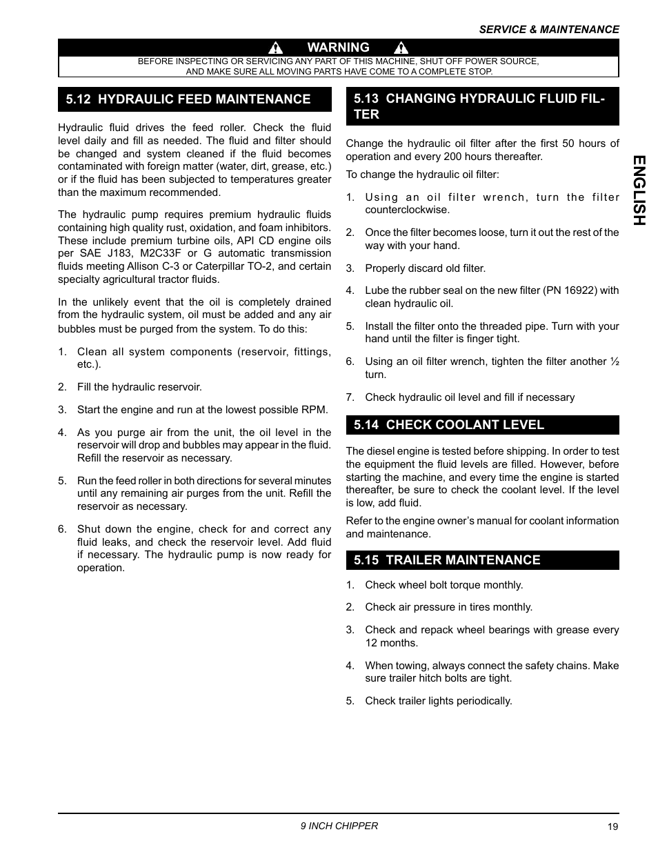 12 hydraulic feed maintenance, 13 changing hydraulic fluid filter, 14 check coolant level | 15 trailer maintenance, English | Echo CH911DH Owners Manual v.7 User Manual | Page 23 / 29