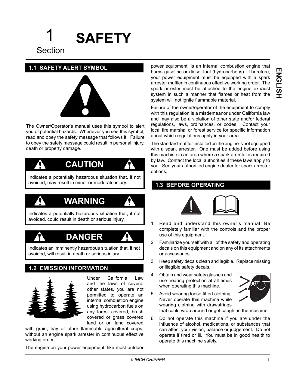 Safety, 1 safety alert symbol, 2 emission information | 3 before operating, Danger, Caution, Warning, English | Echo CH911DH Owners Manual v.7 User Manual | Page 5 / 29