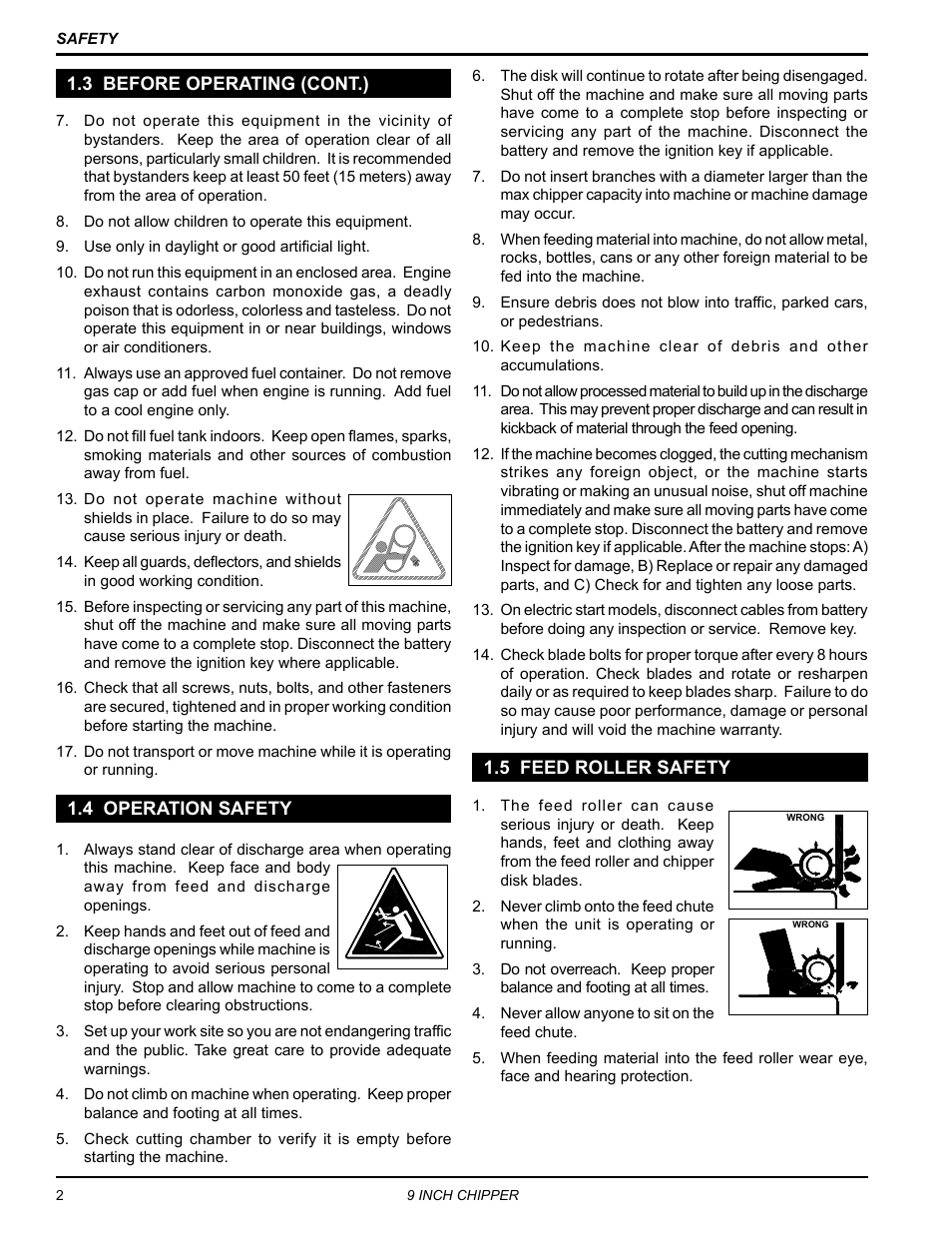 3 before operating (cont.), 4 operation safety, 5 feed roller safety | Echo CH911DH Owners Manual v.7 User Manual | Page 6 / 29