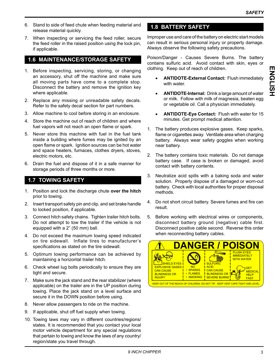 6 maintenance/storage safety, 7 towing safety, 8 battery safety | Danger / poison, English | Echo CH911DH Owners Manual v.7 User Manual | Page 7 / 29