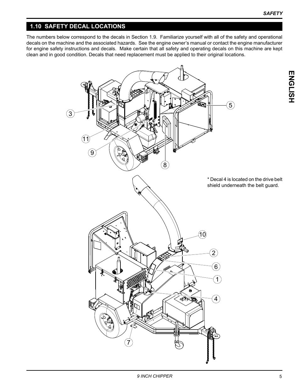 10 safety decal locations, English | Echo CH911DH Owners Manual v.7 User Manual | Page 9 / 29