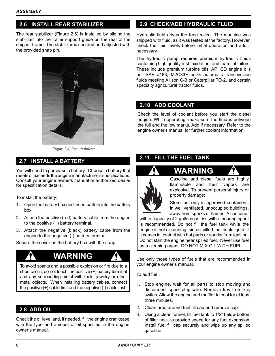 6 install rear stabilizer, 7 install a battery, 8 add oil | 9 check/add hydraulic fluid, 10 add coolant, 11 fill the fuel tank, Warning | Echo CH911DH Owners Manual v.6 User Manual | Page 12 / 31