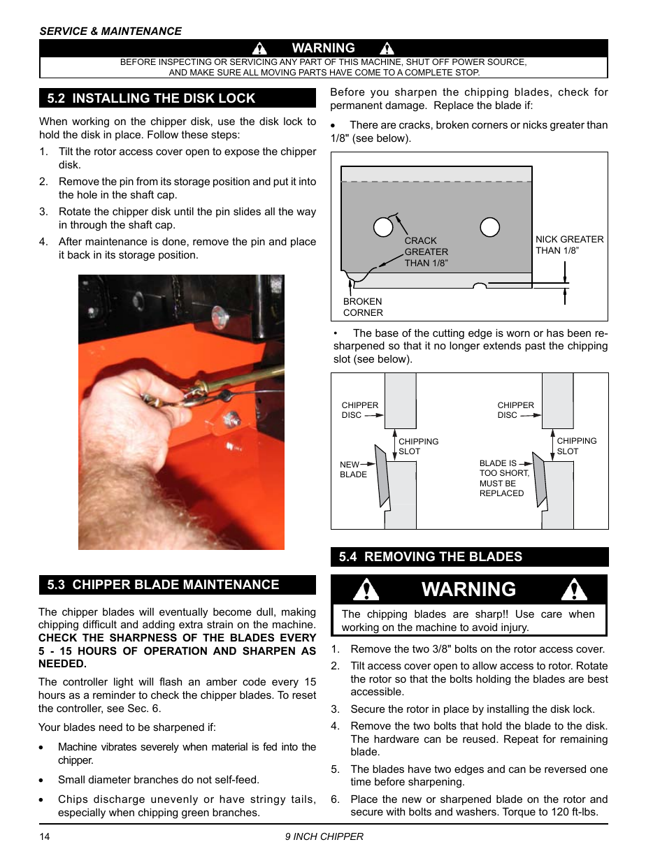 2 installing the disk lock, 3 chipper blade maintenance, 4 removing the blades | Warning, Warning 5.3 chipper blade maintenance | Echo CH911DH Owners Manual v.6 User Manual | Page 18 / 31