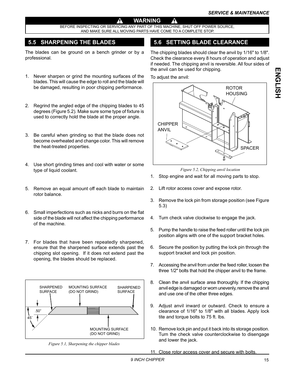 5 sharpening the blades, 6 setting blade clearance, English | Echo CH911DH Owners Manual v.6 User Manual | Page 19 / 31