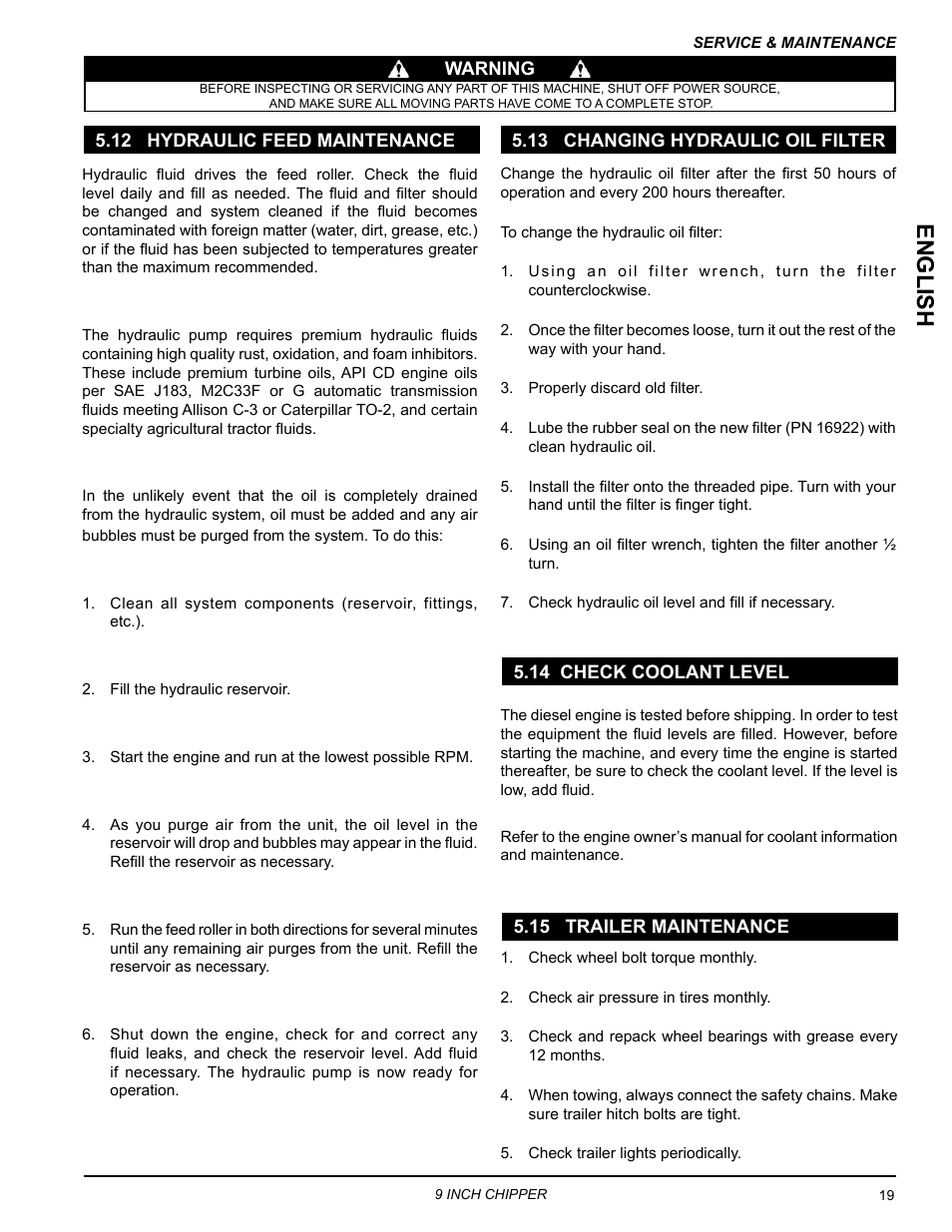 12 hydraulic feed maintenance, 13 changing hydraulic oil filter, 14 check coolant level | 15 trailer maintenance, English | Echo CH911DH Owners Manual v.6 User Manual | Page 23 / 31