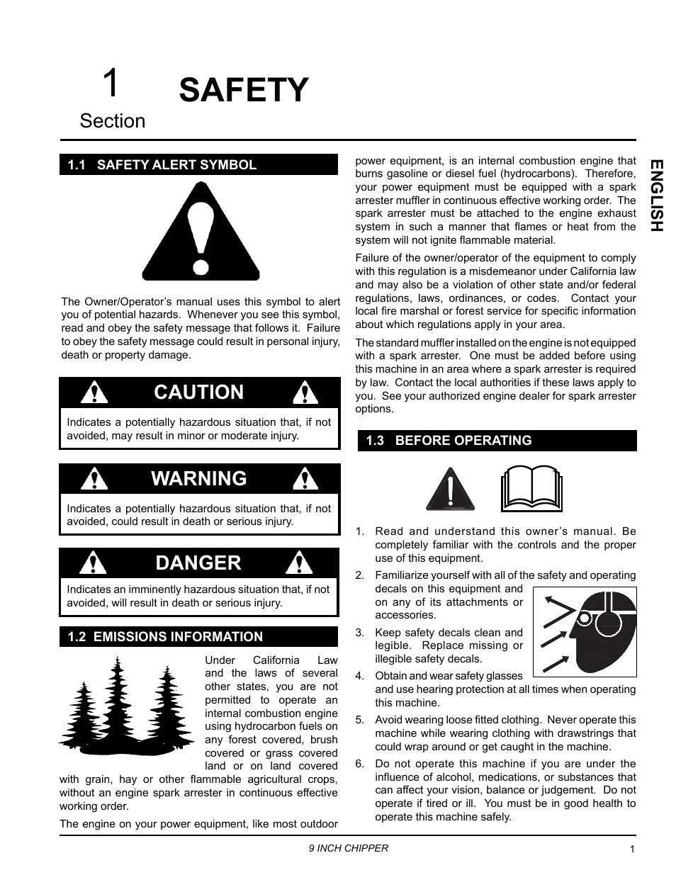 Safety, 1 safety alert symbol, 2 emissions information | 3 before operating, Danger, Caution, Warning, English | Echo CH911DH Owners Manual v.6 User Manual | Page 5 / 31